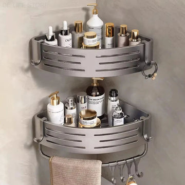 🚿 Corner Bathroom Shelf – No-Drill Wall Storage with Hooks &amp; Towel Bar